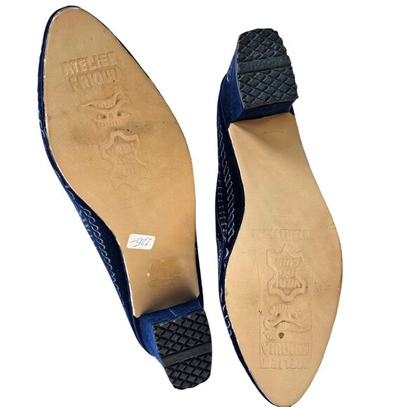Vintage Blue Velvet Mules Atelier Friquia Moroccan Embroidered Heels 8 – 8.5 - Picture 4 of 10